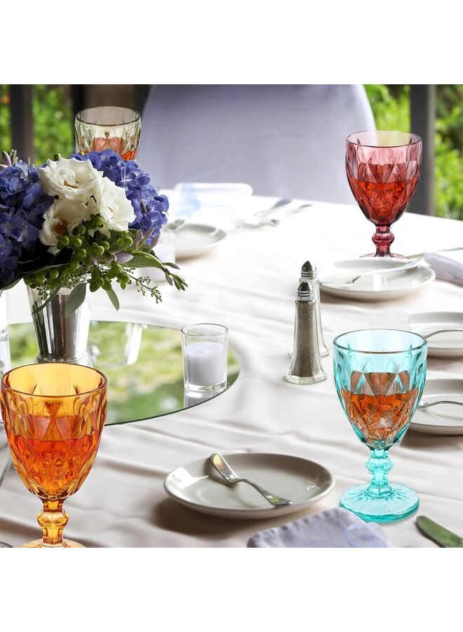 مجموعة من 6 كؤوس نبيذ ملونة، أكواب نبيذ سعة 10 أونصة بنقش منقوش، أكواب نبيذ ملونة، أدوات زجاجية عتيقة للحفلات وحفلات الزفاف والحانات والنبيذ والعصير والمشروبات - Image 3