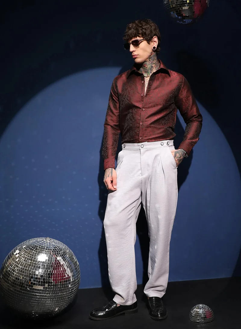 كامبوس سوترا Men's Burgundy Red Foliage-Woven Shirt For Casual Wear | Spread Collar | Long Cuffed Sleeves | Button Closure | Shirt Crafted With Comfort Fit For Everyday Wear