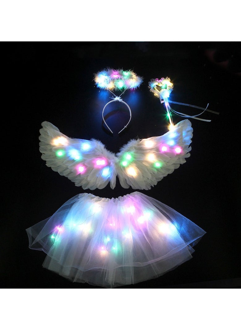 AUTOYSUR - Wing Costume Kids,Feather Wings and Halo with LED Lights,Headband Tulle Tutu Skirt Fairy Magic Wand Carnival Cosplay Costume for Girls（4pcs set） - Image 1