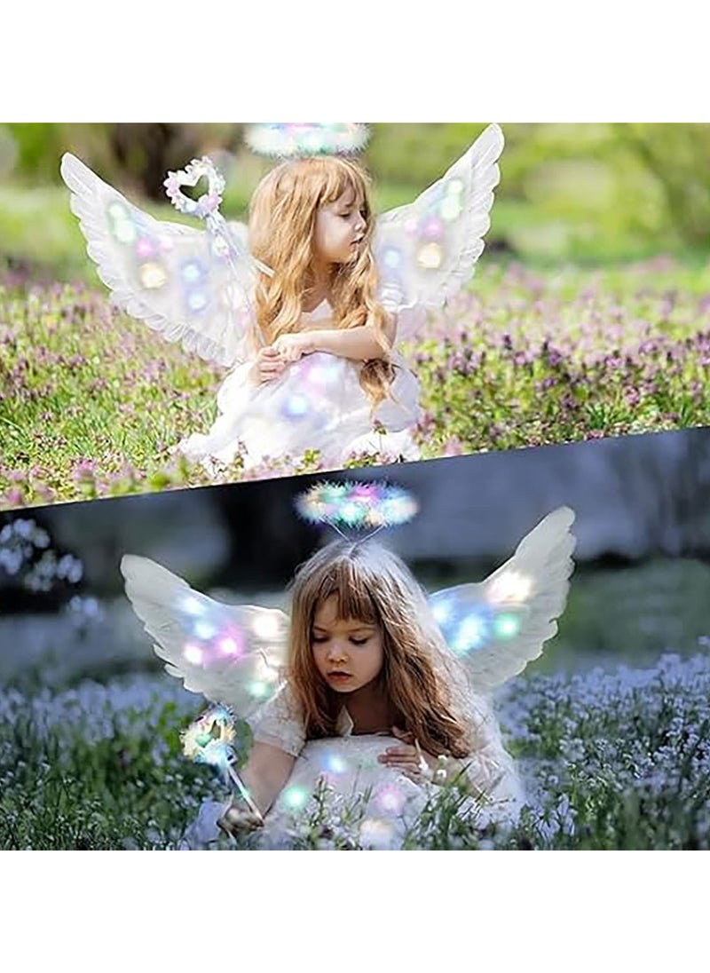 AUTOYSUR - Wing Costume Kids,Feather Wings and Halo with LED Lights,Headband Tulle Tutu Skirt Fairy Magic Wand Carnival Cosplay Costume for Girls（4pcs set） - Image 1