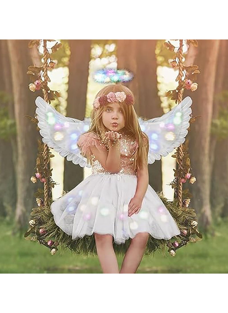 AUTOYSUR - Wing Costume Kids,Feather Wings and Halo with LED Lights,Headband Tulle Tutu Skirt Fairy Magic Wand Carnival Cosplay Costume for Girls（4pcs set） - Image 1