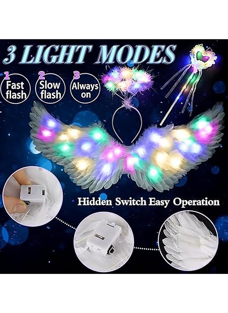 AUTOYSUR - Wing Costume Kids,Feather Wings and Halo with LED Lights,Headband Tulle Tutu Skirt Fairy Magic Wand Carnival Cosplay Costume for Girls（4pcs set） - Image 1