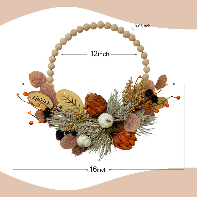TEMPUS 16" Artificial Fall Wooden Beads Wreath with Leaves, Chrysanthemums & Mini Pumpkins - Handcrafted Harvest Decor for Front Door, Wall, Farmhouse (Indoor/Outdoor Use) - Image 3