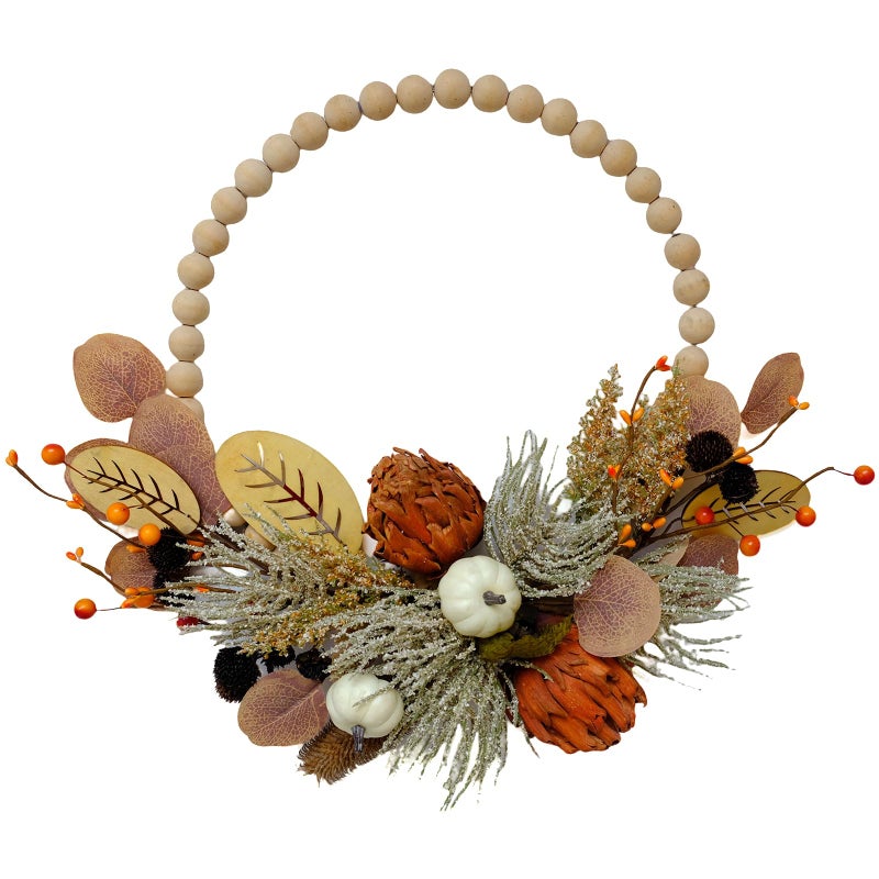 TEMPUS 16" Artificial Fall Wooden Beads Wreath with Leaves, Chrysanthemums & Mini Pumpkins - Handcrafted Harvest Decor for Front Door, Wall, Farmhouse (Indoor/Outdoor Use) - Image 1