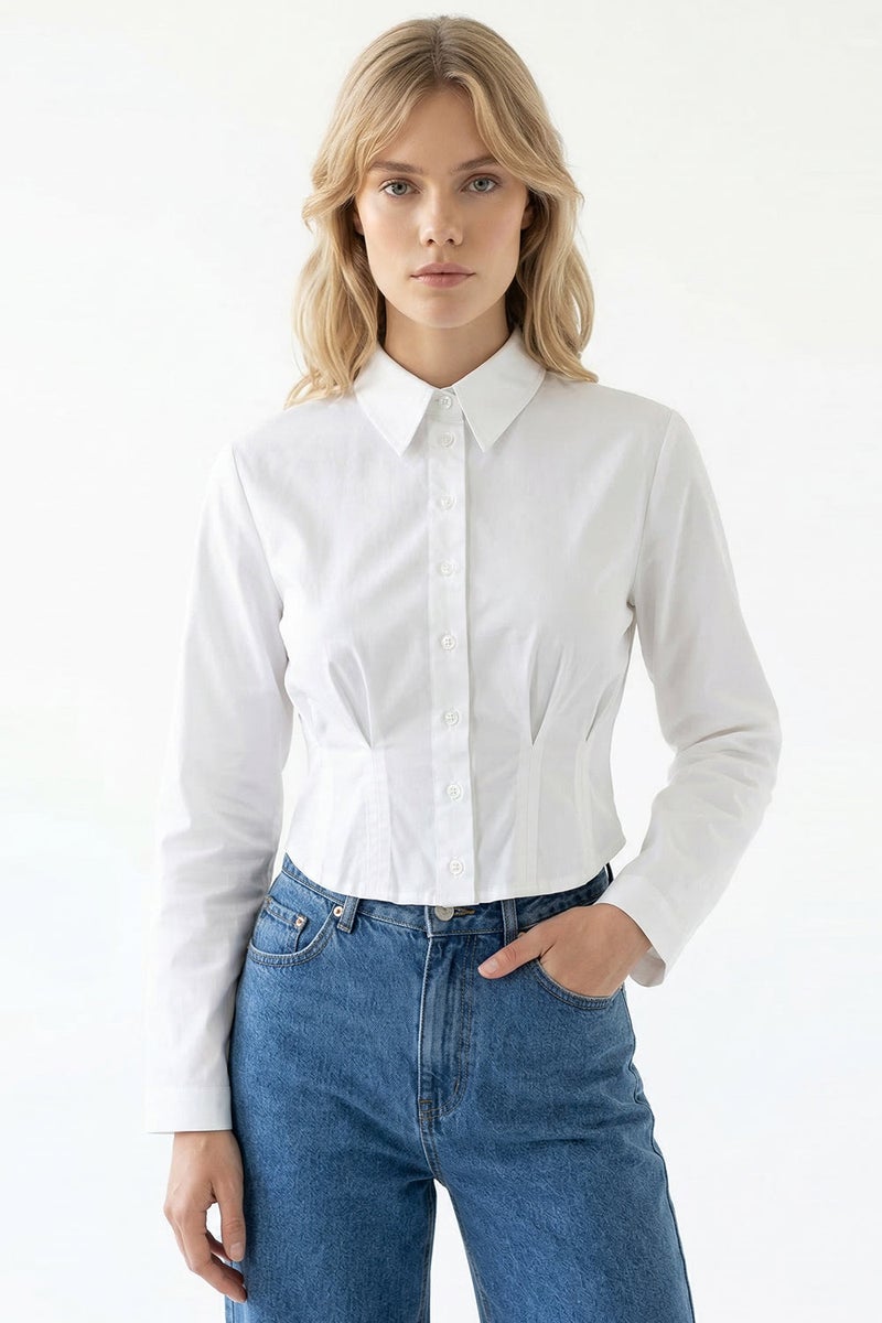 EXQUISE Shirt Collar Long Sleeved Pleated Detail Crop Regular White Shirt - Image 4