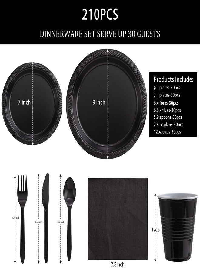 WELLIFE 210Pcs Black Disposable Plates For Party,Plastic Dinnerware Set,Includes: Black Plastic Plates and Napkins, Disposable Cutlery and 12OZ Cups, Serve 30 Guests for Party - Image 2