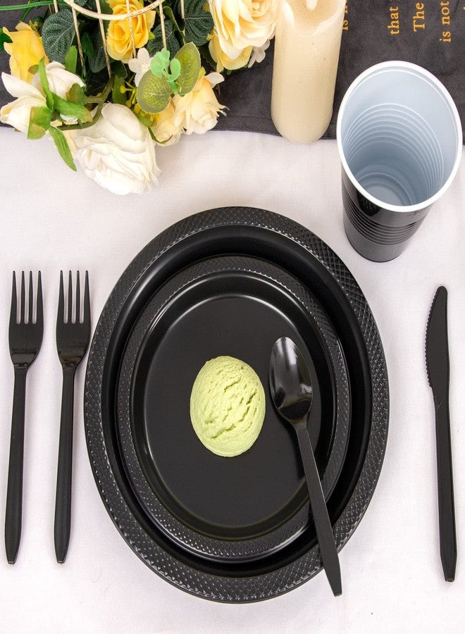 WELLIFE 210Pcs Black Disposable Plates For Party,Plastic Dinnerware Set,Includes: Black Plastic Plates and Napkins, Disposable Cutlery and 12OZ Cups, Serve 30 Guests for Party - Image 5