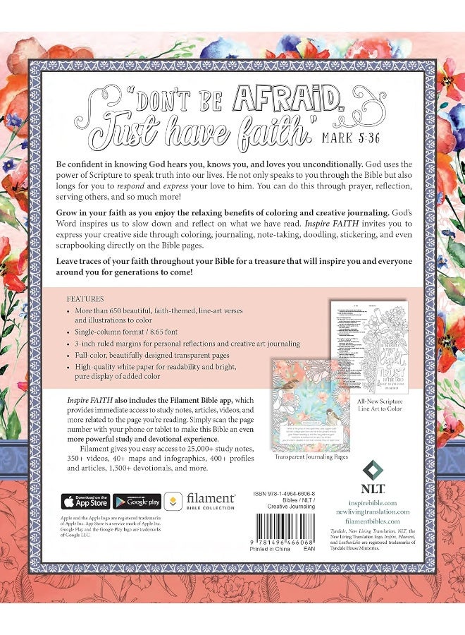 Inspire FAITH Bible NLT (Hardcover LeatherLike, Coral Blooms, Filament Enabled): The Bible for Coloring & Creative Journaling  - Image 2