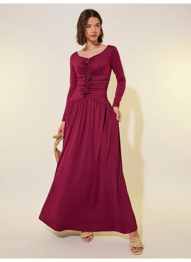 تايك تو Take Two Solid Ruched Square Neck A-Line Maxi Dress with Corsage Detail
