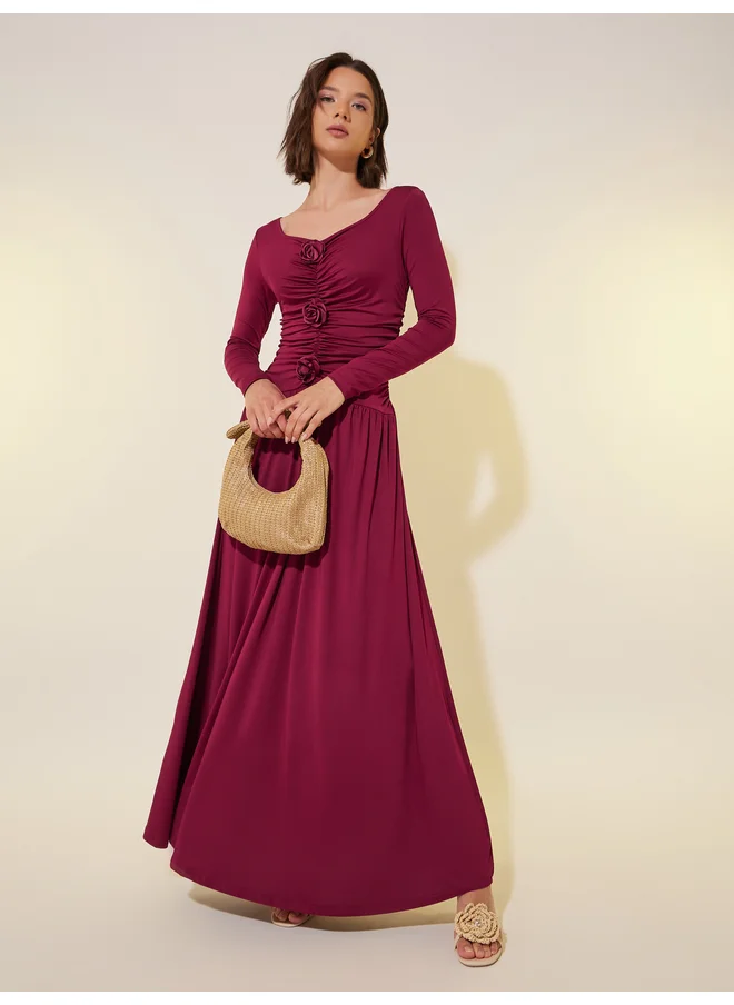 تايك تو Take Two Solid Ruched Square Neck A-Line Maxi Dress with Corsage Detail