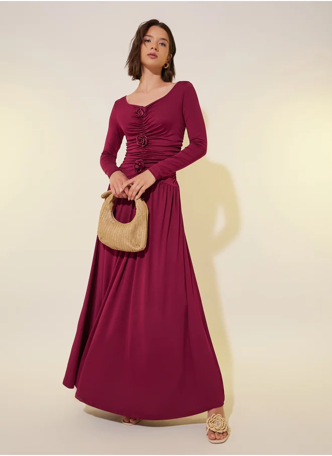 تايك تو Take Two Solid Ruched Square Neck A-Line Maxi Dress with Corsage Detail