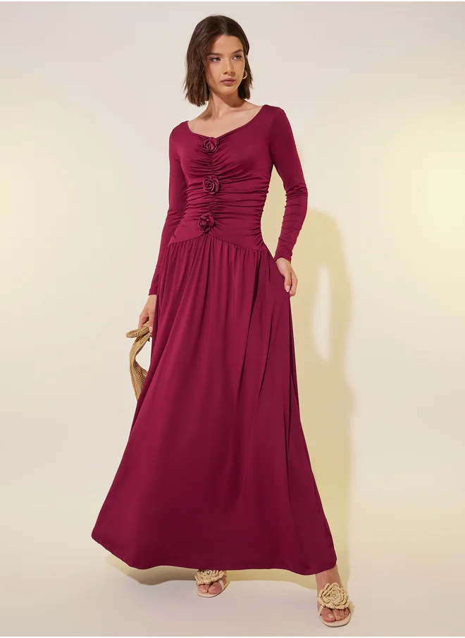 تايك تو Take Two Solid Ruched Square Neck A-Line Maxi Dress with Corsage Detail