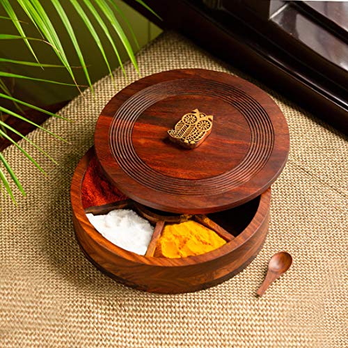 ExclusiveLane 'Mystic Owl Block' Wooden Spice Box | Hand Engraved Sheesham Wood Masala Dabba | Spice Container with 7 partitions & Spoon | Multipurpose Kitchen Masala Dani - Image 1