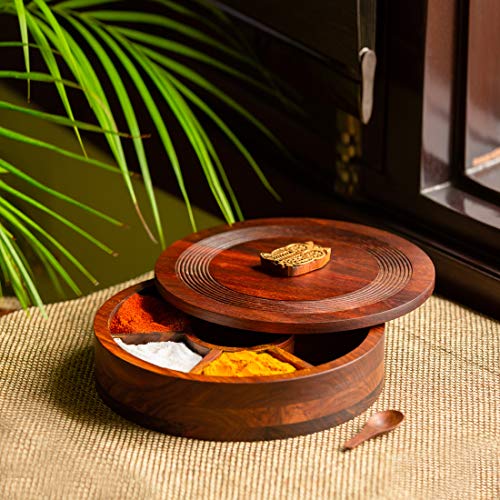 ExclusiveLane 'Mystic Owl Block' Wooden Spice Box | Hand Engraved Sheesham Wood Masala Dabba | Spice Container with 7 partitions & Spoon | Multipurpose Kitchen Masala Dani - Image 2