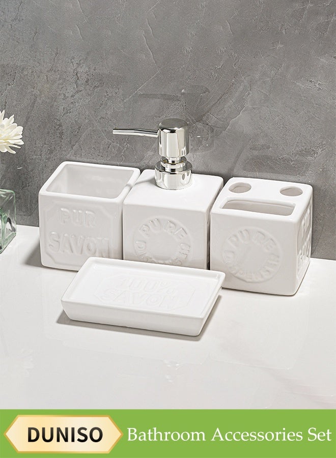 DUNISO 4 Pcs Bathroom Accessories Set，Toiletries Gift Set，Ceramic Bath Set，Including Lotion Bottle, Toothbrush Holder, Mouthwash Cup and Soap Dish，Can Be Used As Bathroom Decoration and Gift Giving，White  - Image 1