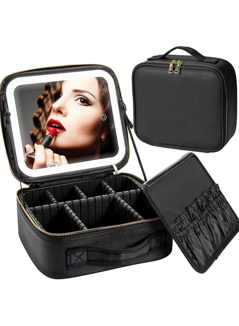Makeup Bag with Mirror of LED Lighted and Detachable Magnifying Mirror Cosmetic Bag Organizer with Adjustable Dividers 26cm×11cm×23cm (Black) - Image 1