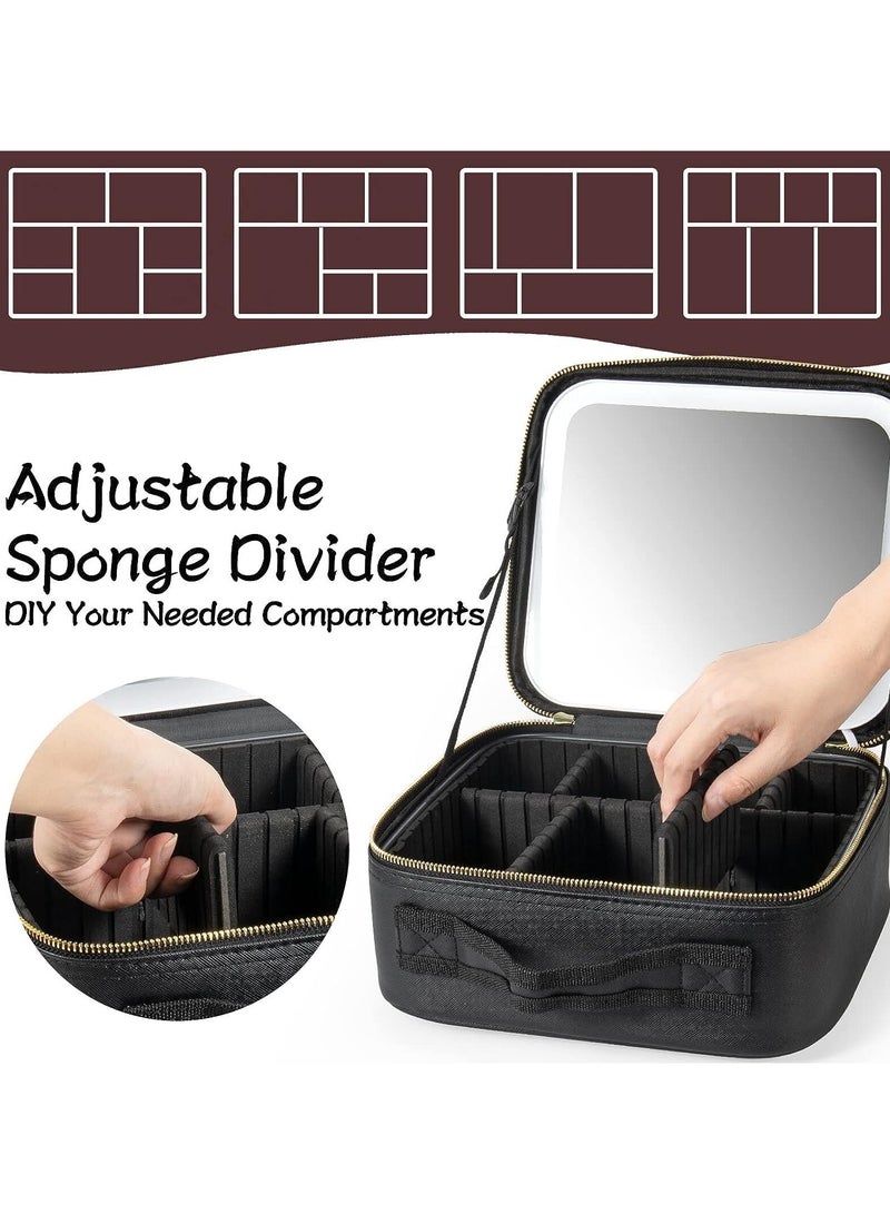 Makeup Bag with Mirror of LED Lighted and Detachable Magnifying Mirror Cosmetic Bag Organizer with Adjustable Dividers 26cm×11cm×23cm (Black) - Image 4