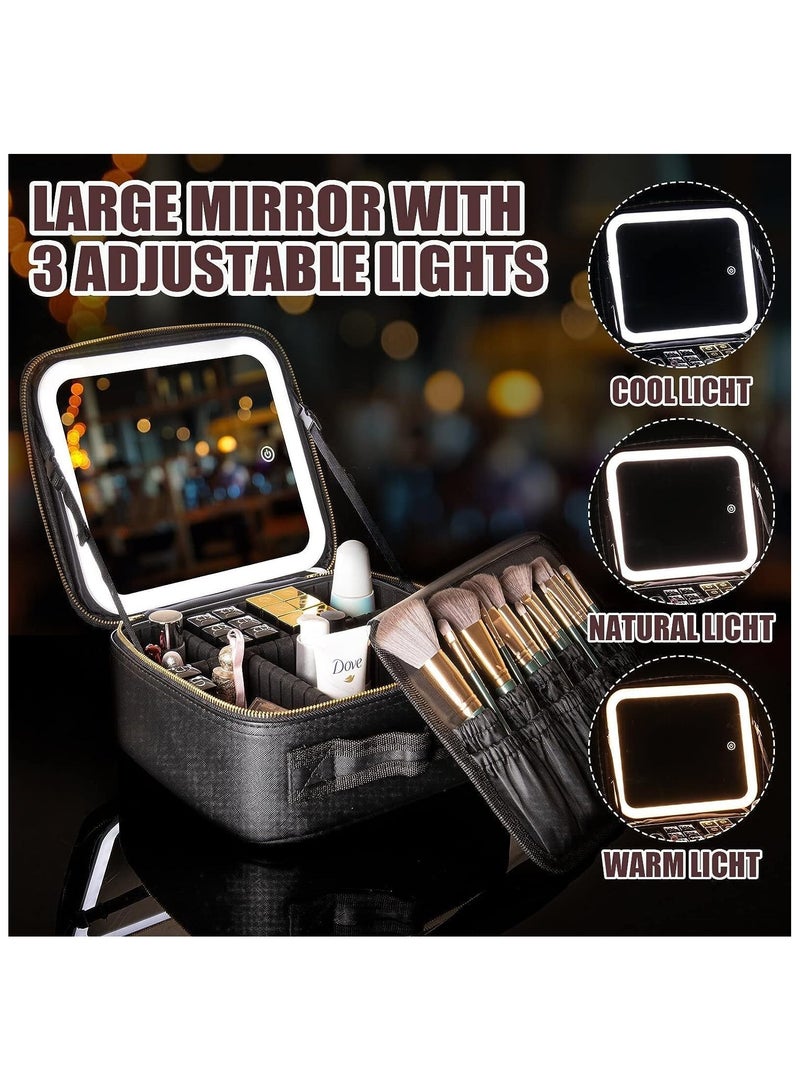 Makeup Bag with Mirror of LED Lighted and Detachable Magnifying Mirror Cosmetic Bag Organizer with Adjustable Dividers 26cm×11cm×23cm (Black) - Image 3