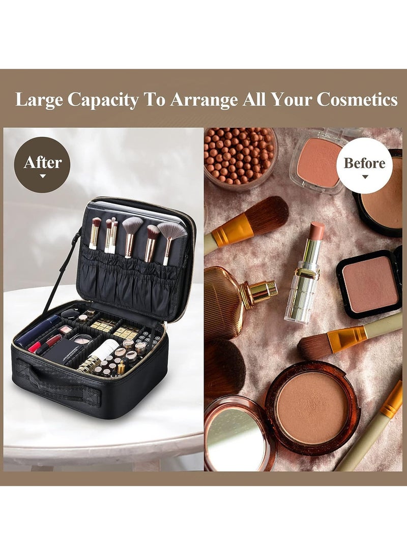 Makeup Bag with Mirror of LED Lighted and Detachable Magnifying Mirror Cosmetic Bag Organizer with Adjustable Dividers 26cm×11cm×23cm (Black) - Image 5