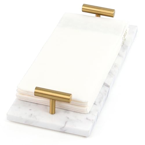 LIN CHUAN Marble Napkin Holder,Guest Towel Holder Tray,Marble Tray for Bathroom & Kitchen Countertop with Brass Handles,Paper Hand Towel Holder,White - Image 1