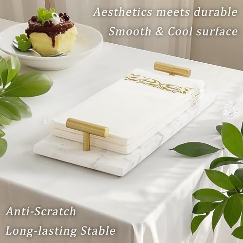 LIN CHUAN Marble Napkin Holder,Guest Towel Holder Tray,Marble Tray for Bathroom & Kitchen Countertop with Brass Handles,Paper Hand Towel Holder,White - Image 3