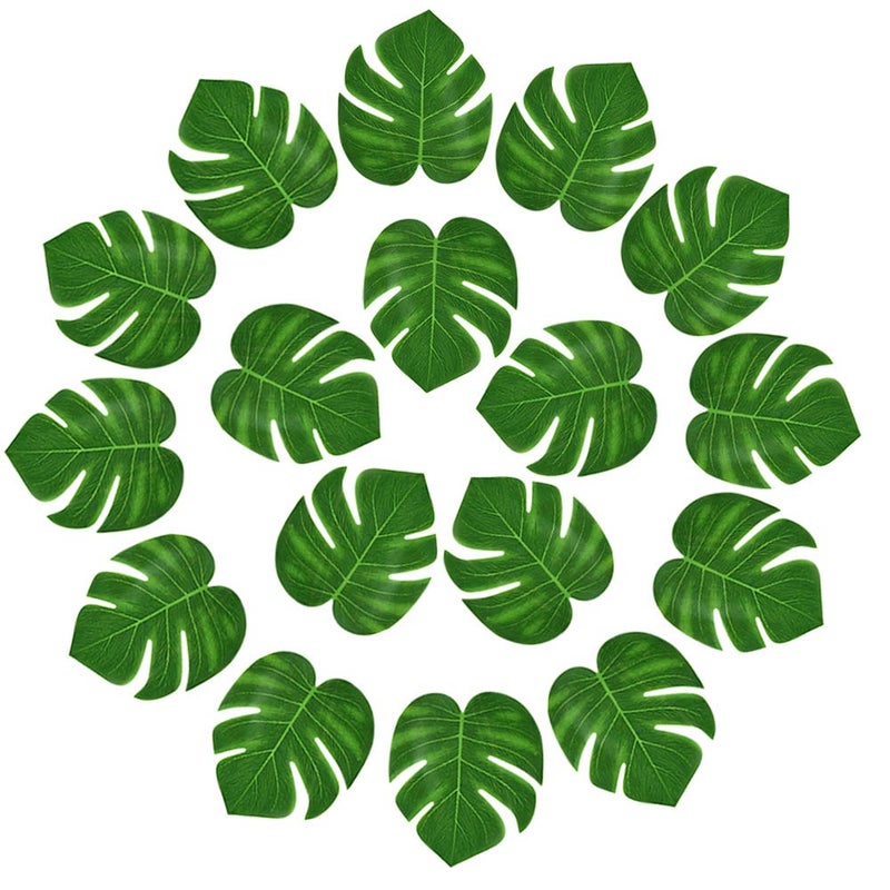 KUUQA 24 Pcs Artificial Tropical Leaves Hawaiian Luau Party Decor Medium Simulation Tropical Monstera Plant Leaves for Safari Jungle Beach Theme Birthday Party Decorations Supplies - Image 1