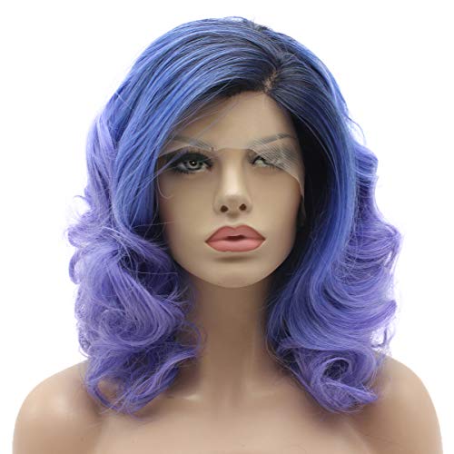 Lushy Medium Length Wavy Black Root To Blue Ombre Half Hand Tied Heat Resistant Heavy Density Synthetic Lace Front Wig