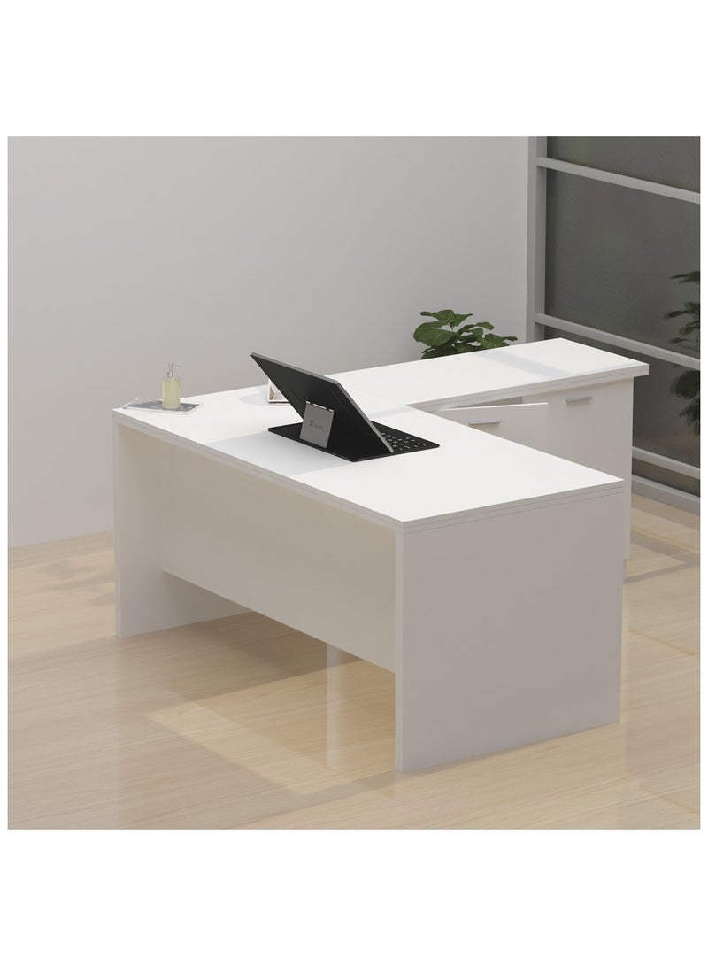 ماهاماي محطة عمل تنفيذية حديثة على شكل حرف L من ماهمايي زيلدا M225 مع خزانة سهلة التنظيف للكمبيوتر المحمول والكمبيوتر الشخصي، مثالية للمنزل والمكتب - أبيض - Image 1