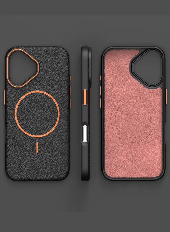 Magsafe Phone Case For iPhone 16 With High Quality Rubber Frame And Slim Lychee Pattern Leather Case with Camera Lens Protection Shockproof Cover And support wireless Charging Leather Cover for iPhone 16 - Black - Image 2