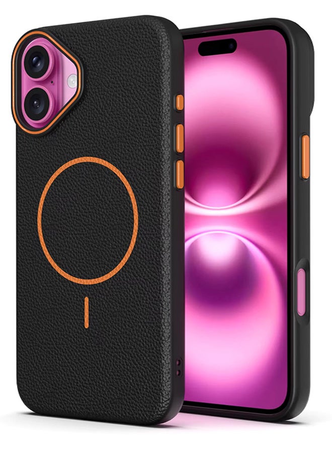 Magsafe Phone Case For iPhone 16 With High Quality Rubber Frame And Slim Lychee Pattern Leather Case with Camera Lens Protection Shockproof Cover And support wireless Charging Leather Cover for iPhone 16 - Black - Image 1