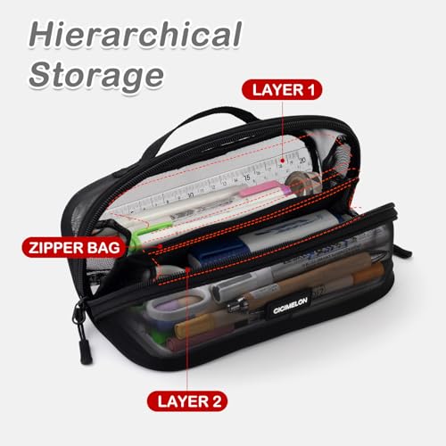 CICIMELON Mesh Pencil Pen Case Multi-Purpose Transparent Zipper Pouch for Stationery, Makeup, Travel Essentials Large Capacity Organizer Bag, Black - Image 2
