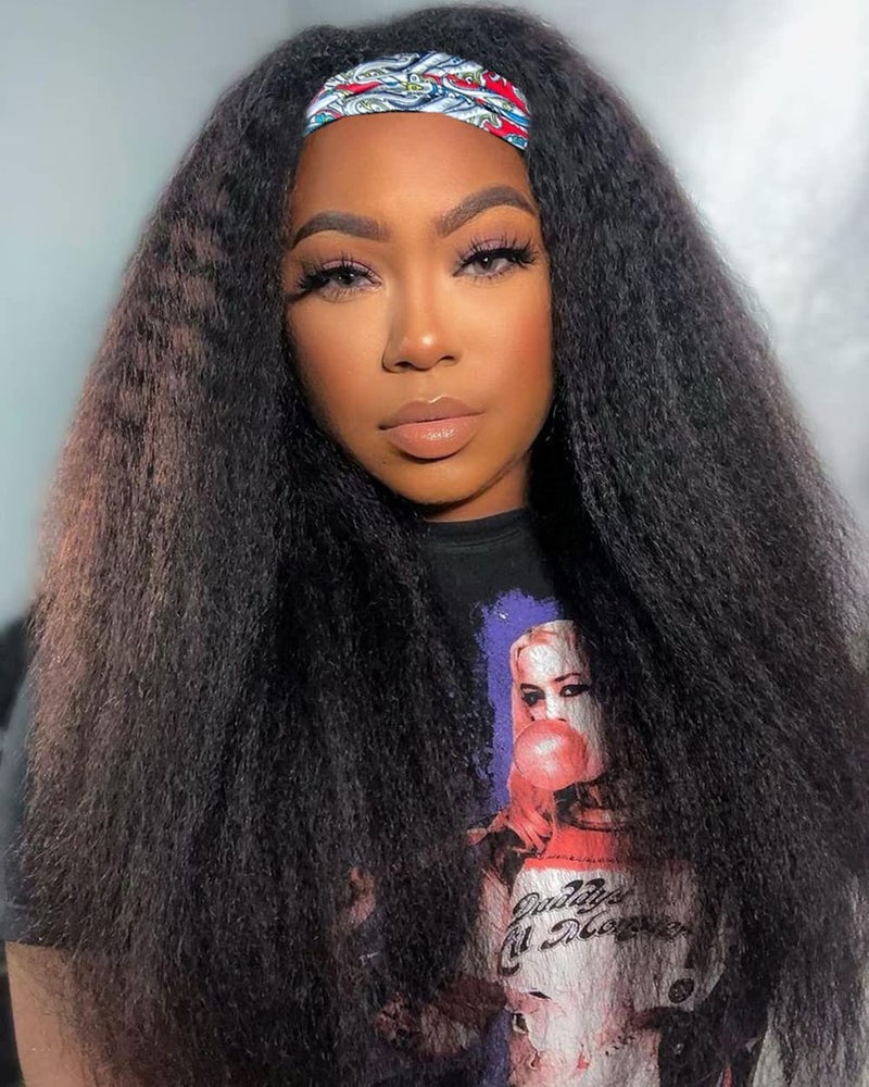 Aminow Kinky Straight Headband Wig Soft  Natural as Human Hair Glueless Headband Wigs for Black Women Long Black Italian Yaki Synthetic Half Wig 1B Natural Black 26 Inch