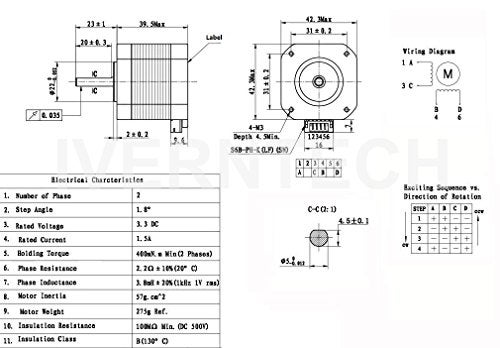 Iverntech Nema 17 Stepper Motor 42x40mm Body Bipolar 1.5A 400mN.m 2 Phase 4 Wires 1.8 ° for 3D Printer or CNC Machine with 1M Motor Cable - Image 2