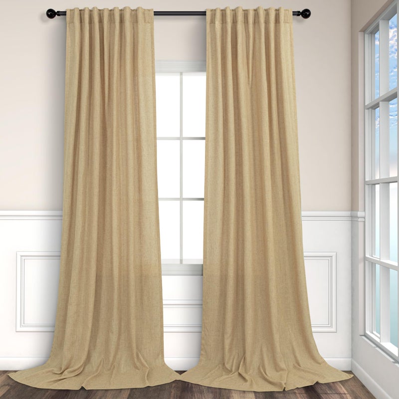 Pitalk Burlap Color Curtains 84 Inch Length for Living Room 2 Panels Back Tab Pocket Primitive Drapes Flax Linen Country Cotton Light Filtering Sheer Tan Brown Curtains for Bedroom Farmhouse Decor 7 FT Long - Image 1
