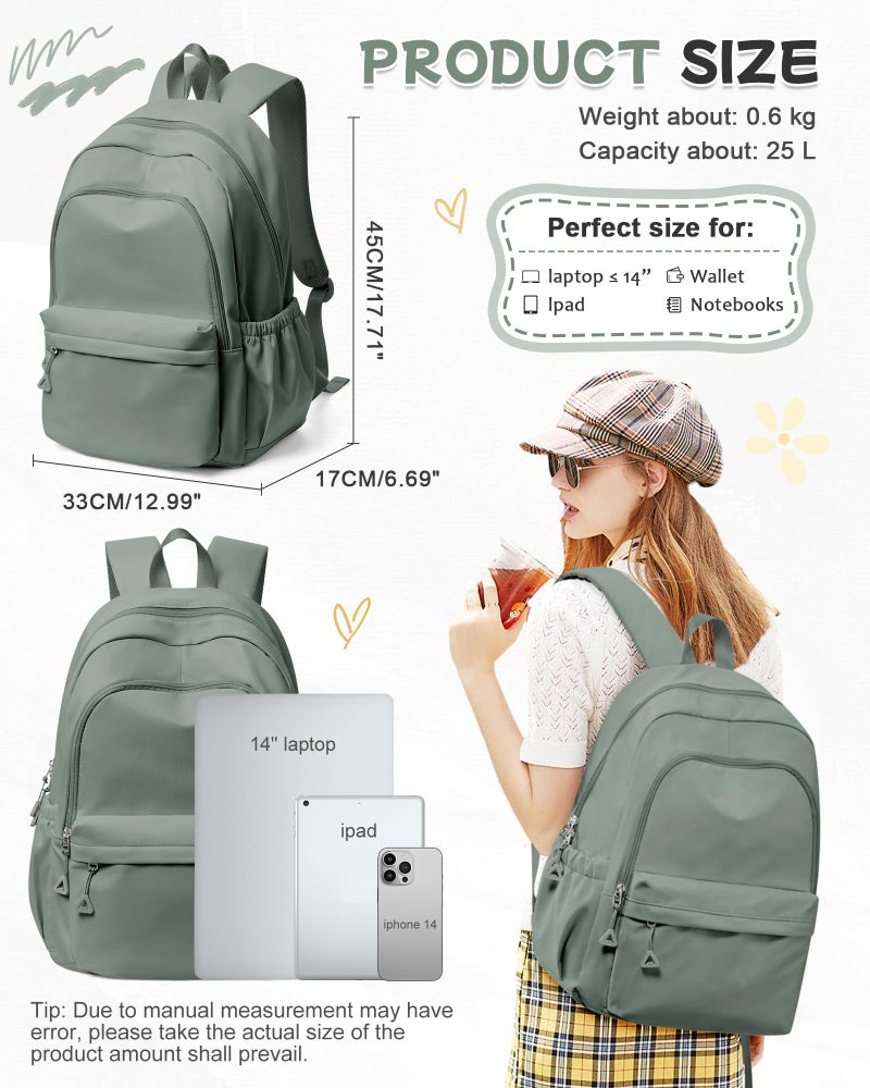 BJLFS Green Cute School Backpack with Laptop Compartment Small Travel Laptop Backpack for Women Men Waterproof College Backpack Simple School Bag for Teens Girls Boys - Image 3