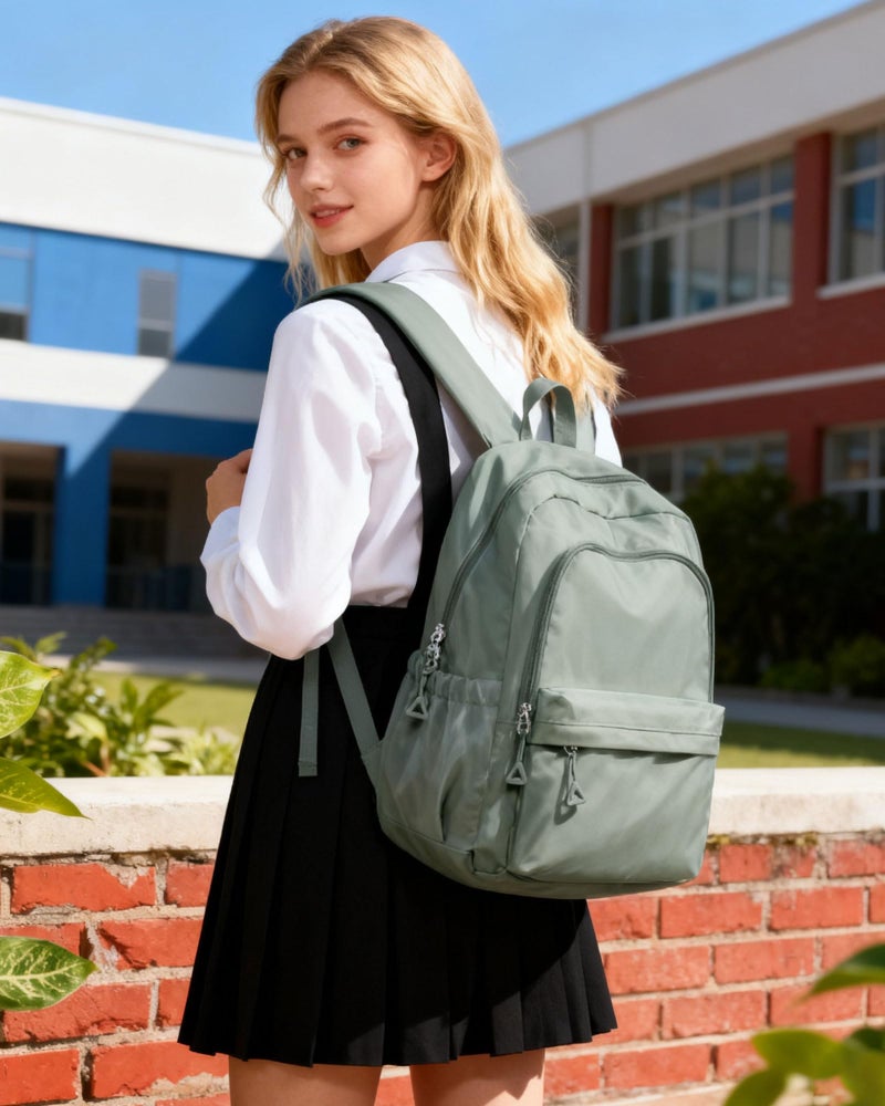 BJLFS Green Cute School Backpack with Laptop Compartment Small Travel Laptop Backpack for Women Men Waterproof College Backpack Simple School Bag for Teens Girls Boys - Image 2
