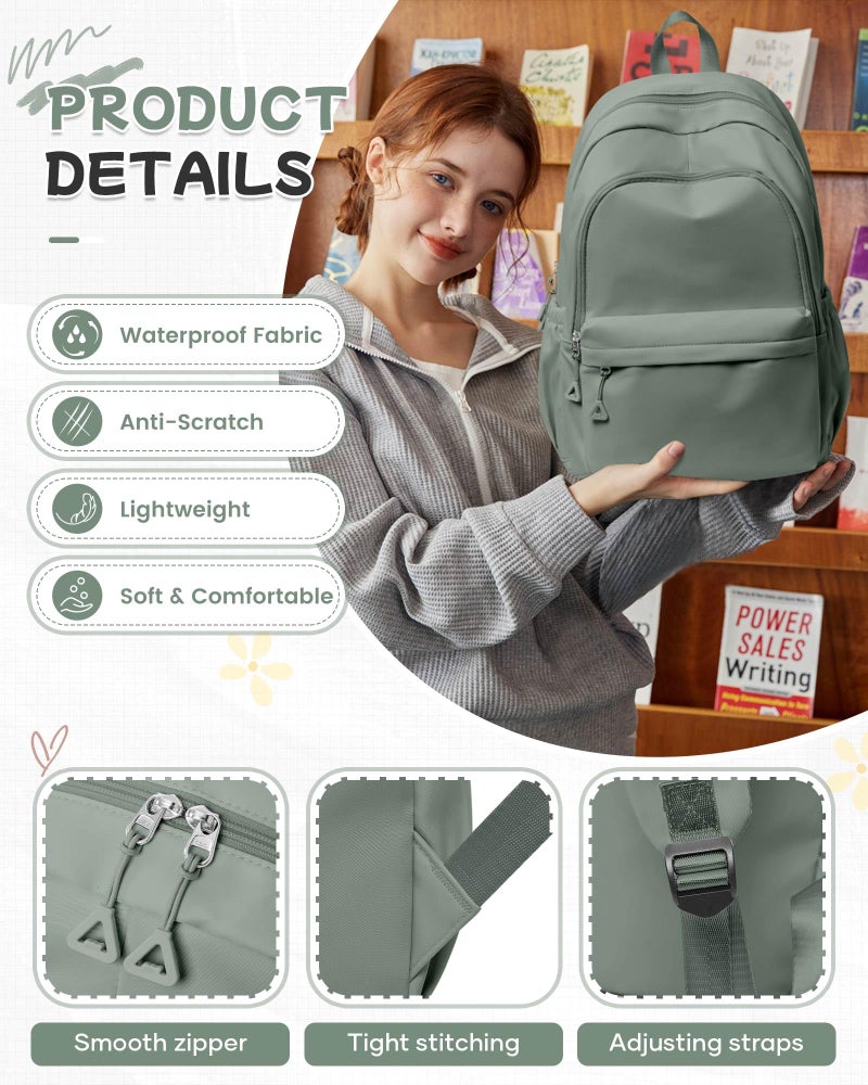 BJLFS Green Cute School Backpack with Laptop Compartment Small Travel Laptop Backpack for Women Men Waterproof College Backpack Simple School Bag for Teens Girls Boys - Image 5