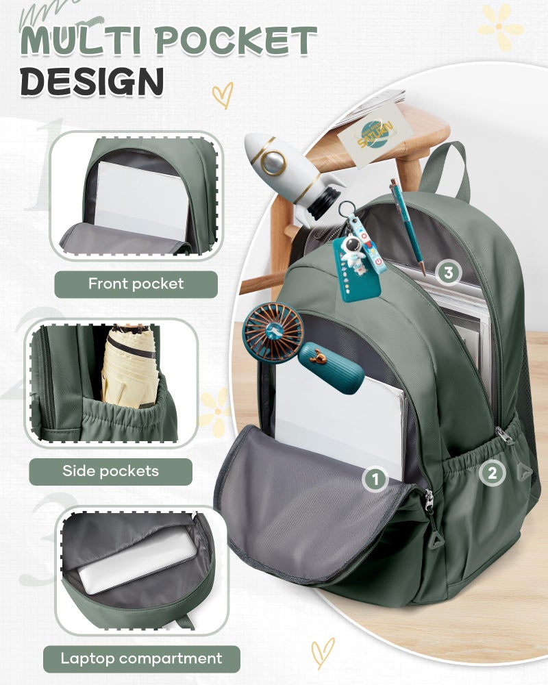 BJLFS Green Cute School Backpack with Laptop Compartment Small Travel Laptop Backpack for Women Men Waterproof College Backpack Simple School Bag for Teens Girls Boys - Image 4