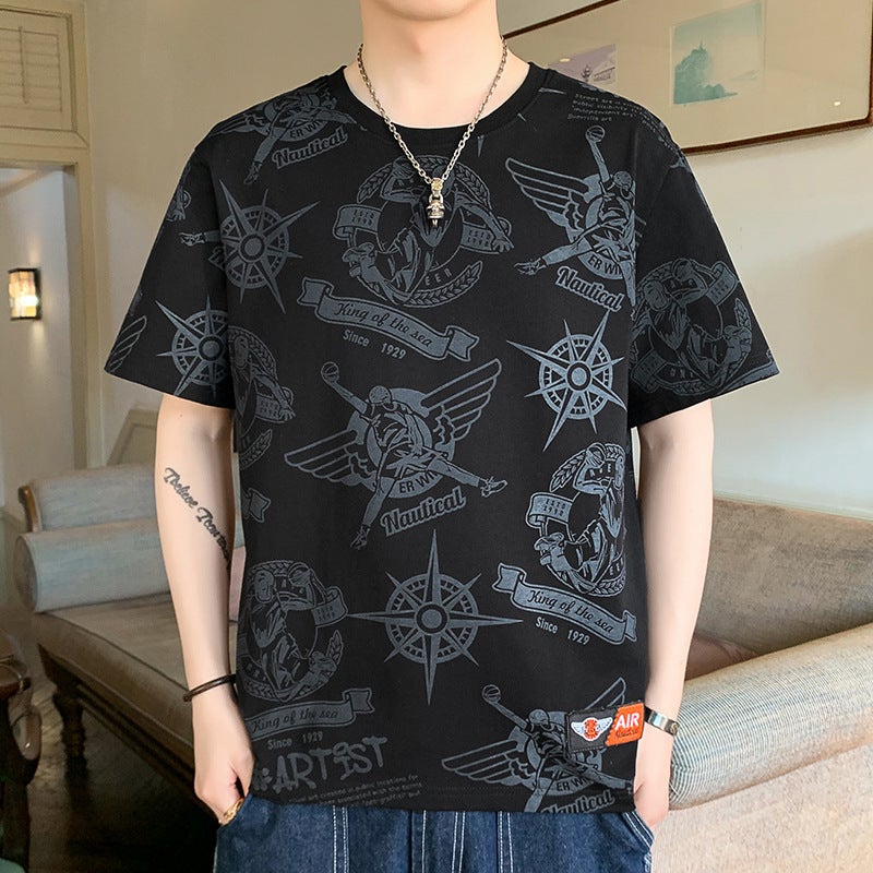 Quarter-Sleeved Large Size T-Shirt for Men 2023 Summer New Style Sweat-Absorbent Breathable Trendy Half-Sleeved Short-Sleeved Pure Cotton T-Shirt for Men Black - Image 1