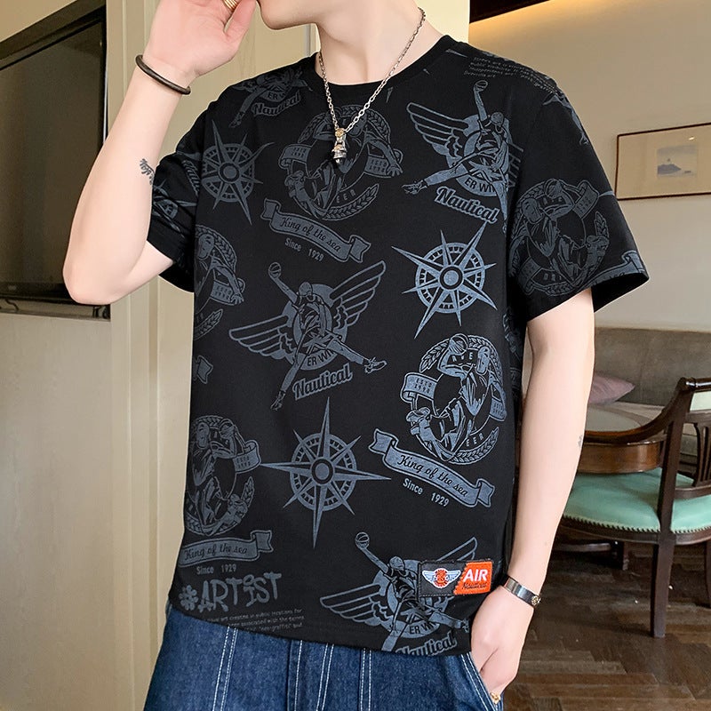 Quarter-Sleeved Large Size T-Shirt for Men 2023 Summer New Style Sweat-Absorbent Breathable Trendy Half-Sleeved Short-Sleeved Pure Cotton T-Shirt for Men Black - Image 2