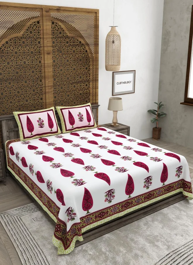 CLOTHOLOGY CLOTHOLOGY Pink & White Floral Printed 180TC Pure Cotton King Bedsheet Set