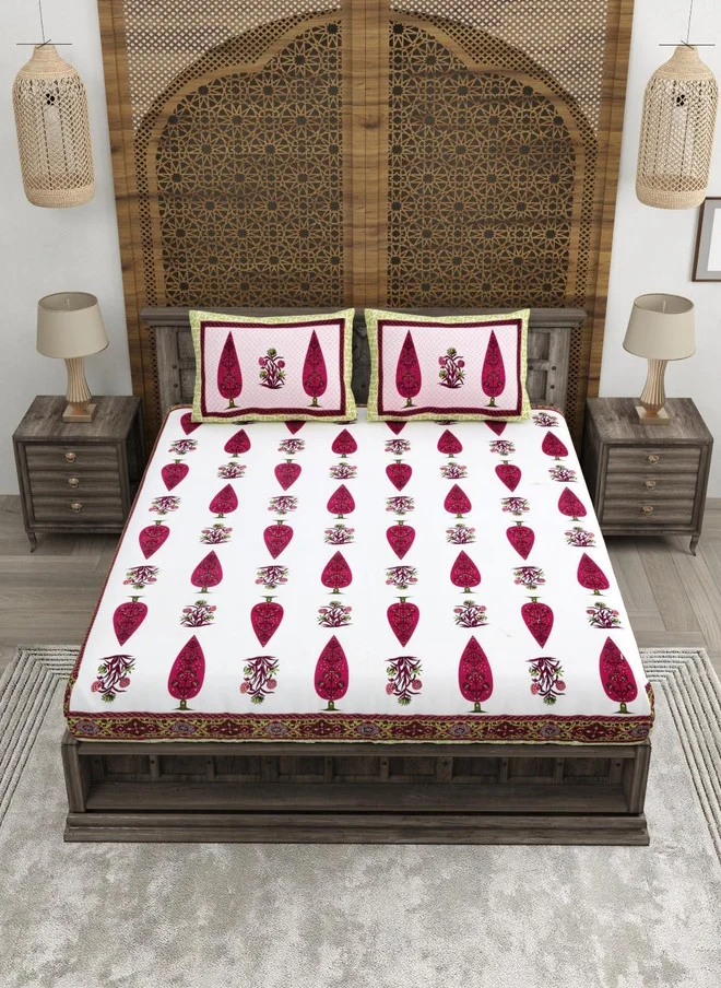 CLOTHOLOGY CLOTHOLOGY Pink & White Floral Printed 180TC Pure Cotton King Bedsheet Set
