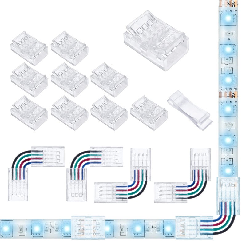 موصلات إضاءة LED بدون لحام GXILEE 4 دبابيس عبوة 10 وموصلات إضاءة على شكل L شفافة 4 قطع لشرائط LED RGB 10 مم عريضة 4 دبابيس 3528 5050