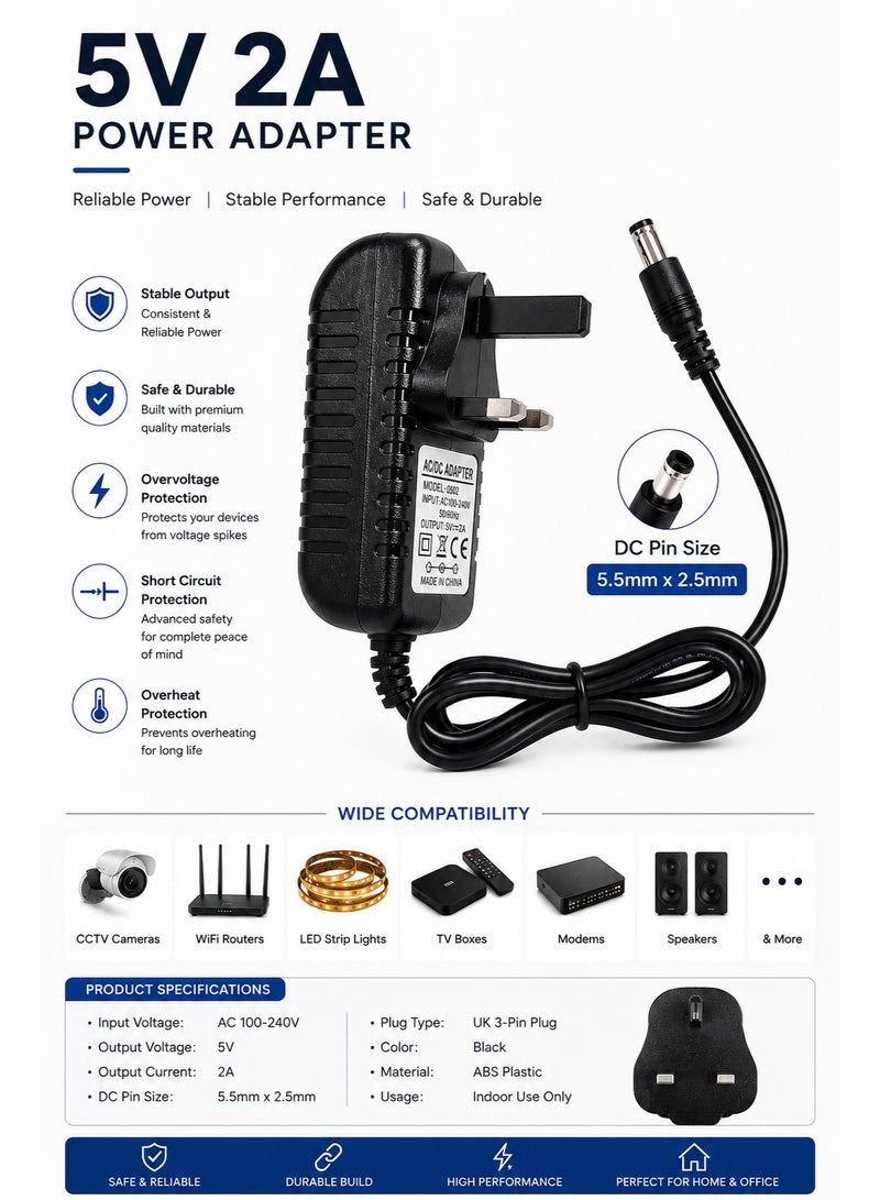 POWER 5V 2A Power Adapter Charger with 5.5mm x 2.5mm DC Pin | UK 3-Pin AC/DC Adapter for CCTV Camera, LED Strip, Router, TV Box & Electronics - Image 2