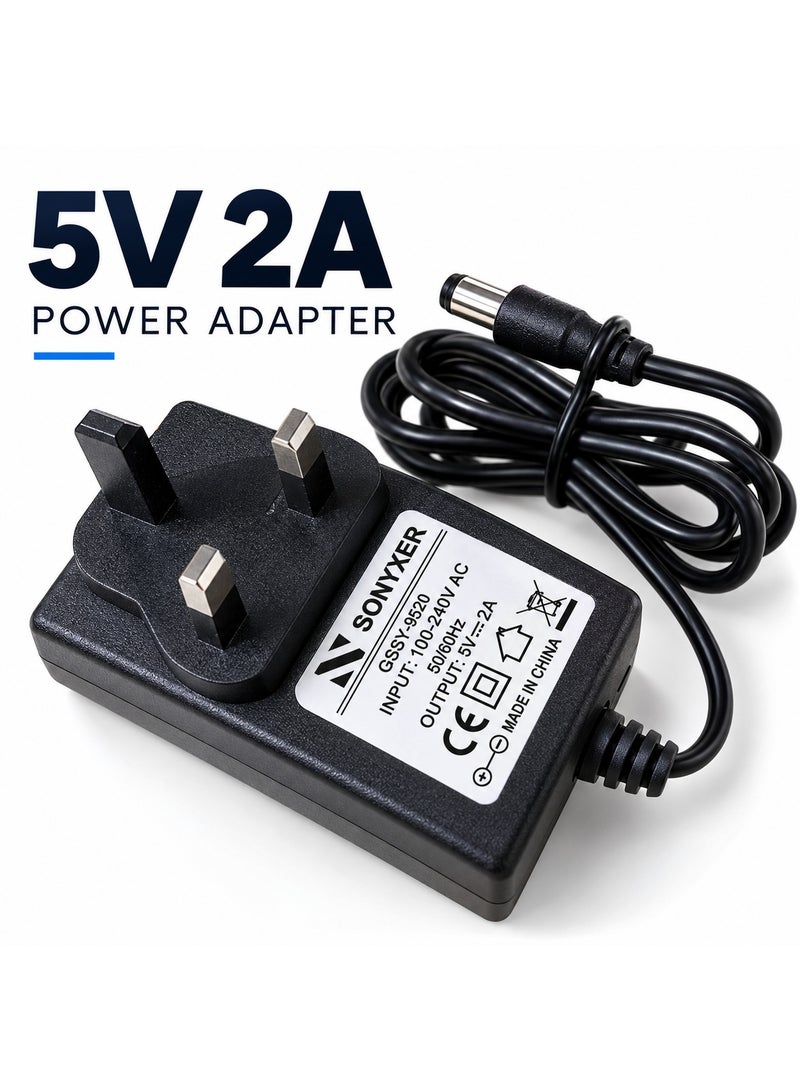 POWER 5V 2A Power Adapter Charger with 5.5mm x 2.5mm DC Pin | UK 3-Pin AC/DC Adapter for CCTV Camera, LED Strip, Router, TV Box & Electronics - Image 1