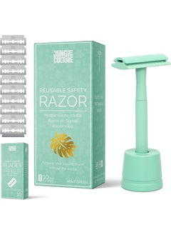 Jungle Culture Safety Razor  Stand with 10 Double Edge Blades  One Blade Metal Razors for Women  Men for Body  Face  Eco Friendly  Reusable Shaver  Green