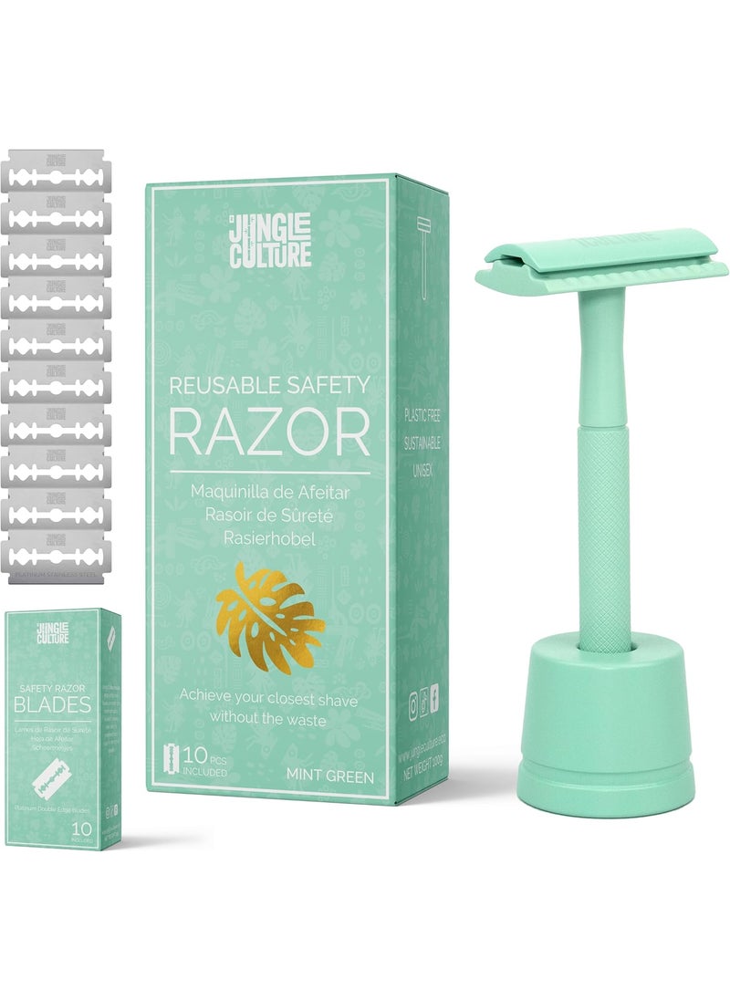Jungle Culture - Jungle Culture Safety Razor  Stand with 10 Double Edge Blades  One Blade Metal Razors for Women  Men for Body  Face  Eco Friendly  Reusable Shaver  Green - Image 1