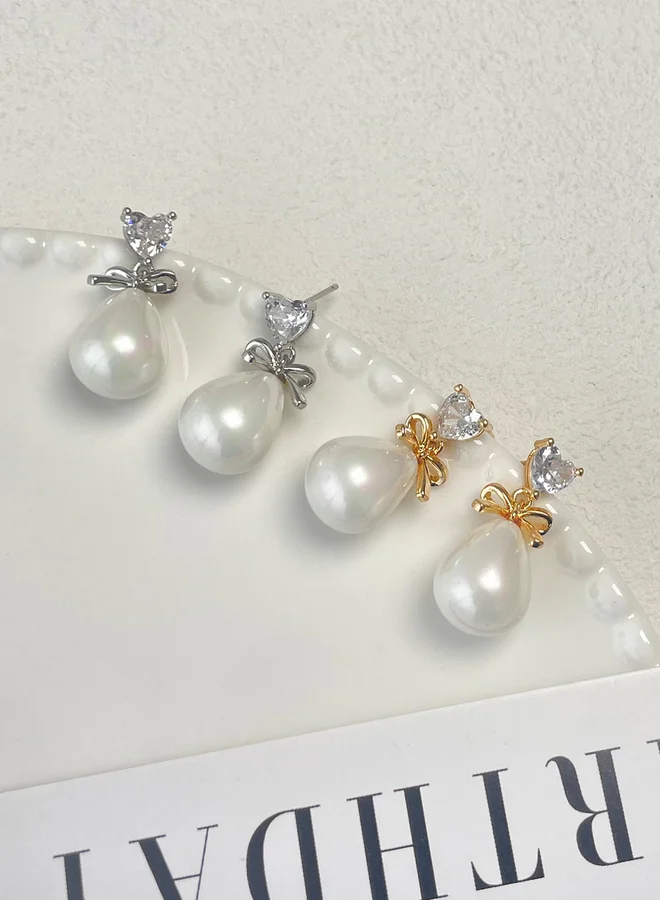 Take Two Take Two Silver Faux Pearl Bow Drop Earrings