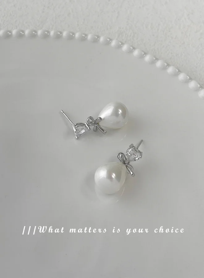 Take Two Take Two Silver Faux Pearl Bow Drop Earrings