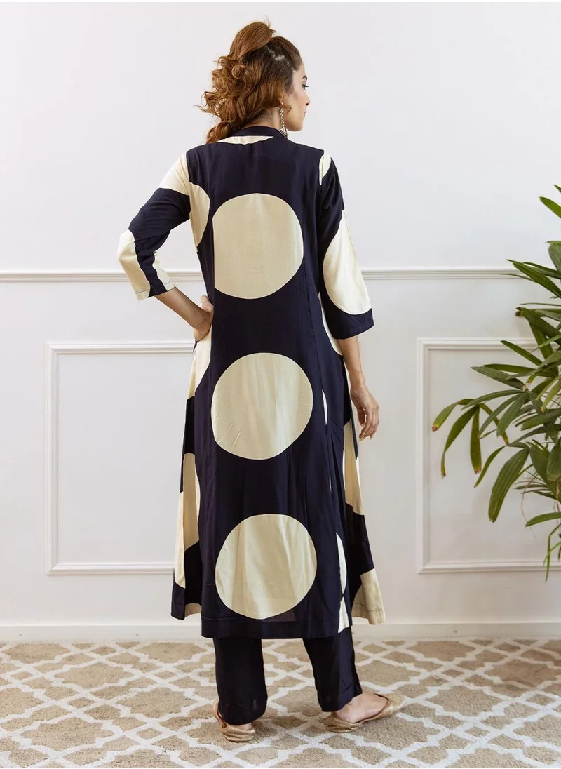 آي شين Women's Navy Rayon Embellished Button Down Full Length Palazzo Straight Fit Kurta Set